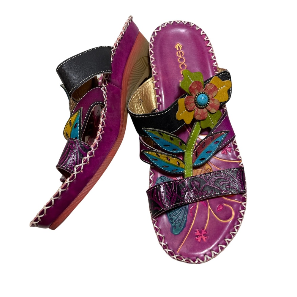 Socofy Georgy 39 8.5 Hand Painted Leather Leaf Wedge Sandals Platform Women's
